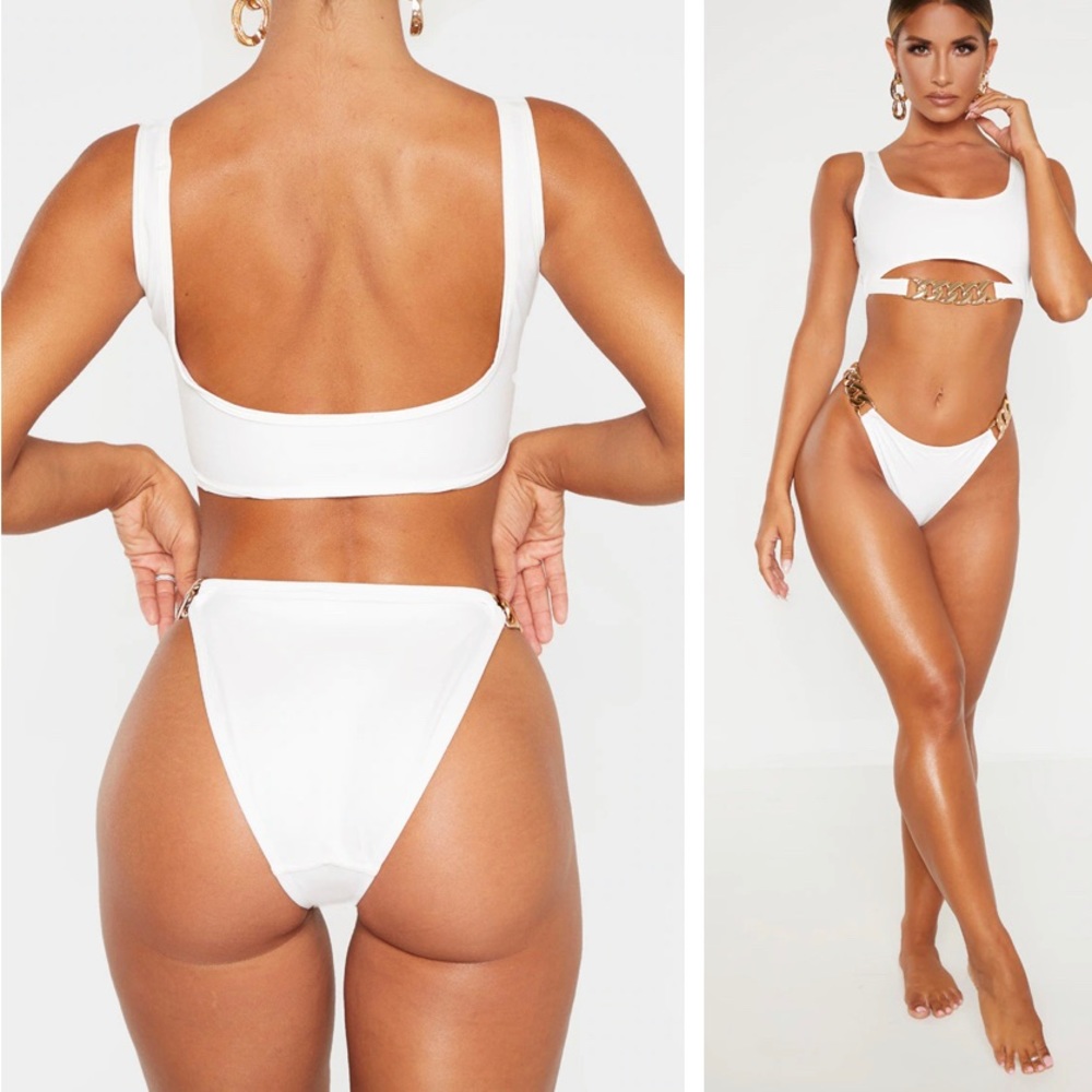 White Chunky Chain Double Strap Bikini Bottom and Top